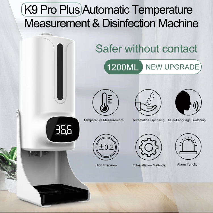 مقياس حرارة جسم بدون تلامس يدوي K9 Pro Plus + موزع صابون سائل أوتوماتيكي بدون تلامس بسعة 1000 مل مع قاعدة تثبيت، بث صوتي بـ 15 لغة، K9 Pro Plus