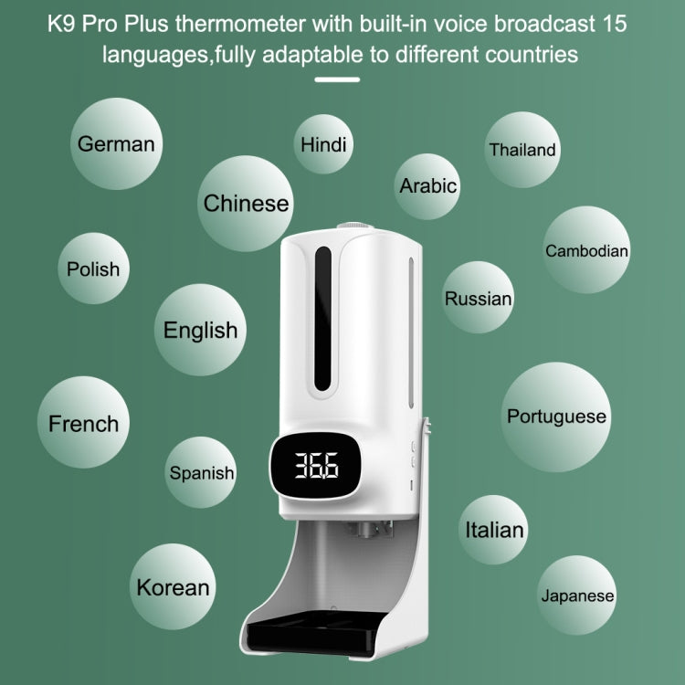 مقياس حرارة جسم بدون تلامس يدوي K9 Pro Plus + موزع صابون سائل أوتوماتيكي بدون تلامس بسعة 1000 مل مع قاعدة تثبيت، بث صوتي بـ 15 لغة، K9 Pro Plus