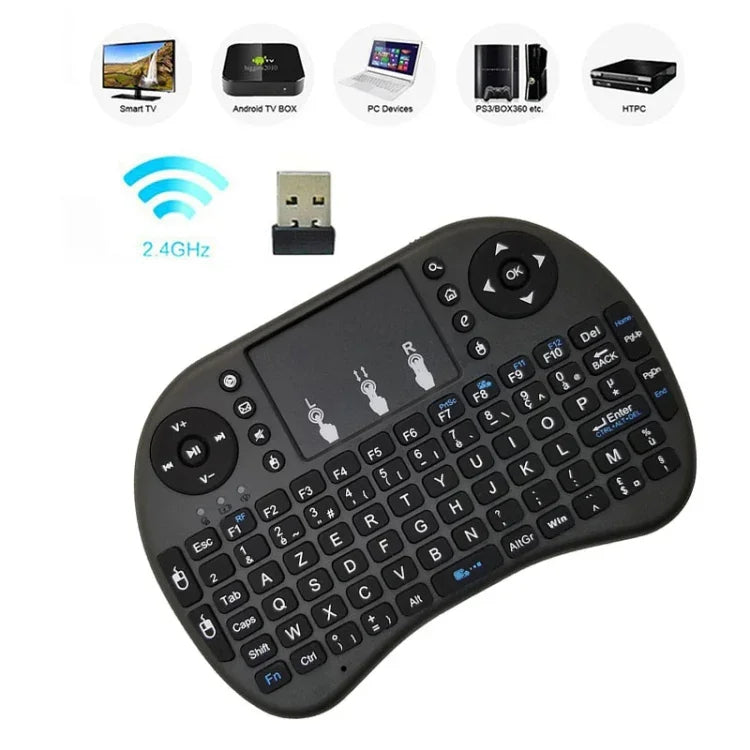 لغة الدعم: الفرنسية لوحة مفاتيح لاسلكية i8 Air Mouse مع لوحة لمس لصندوق Android TV والتلفاز الذكي والكمبيوتر اللوحي والكمبيوتر الشخصي Xbox360 وPS3 وHTPC/IPTV، الفرنسية