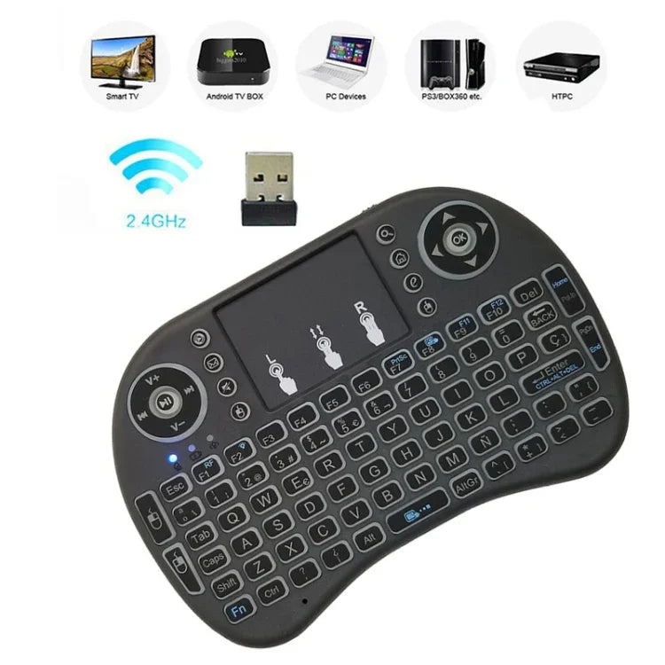 لغة الدعم: الإسبانية لوحة مفاتيح لاسلكية i8 Air Mouse مع لوحة لمس لصندوق Android TV والتلفاز الذكي والكمبيوتر اللوحي والكمبيوتر الشخصي Xbox360 وPS3 وHTPC/IPTV، الإسبانية