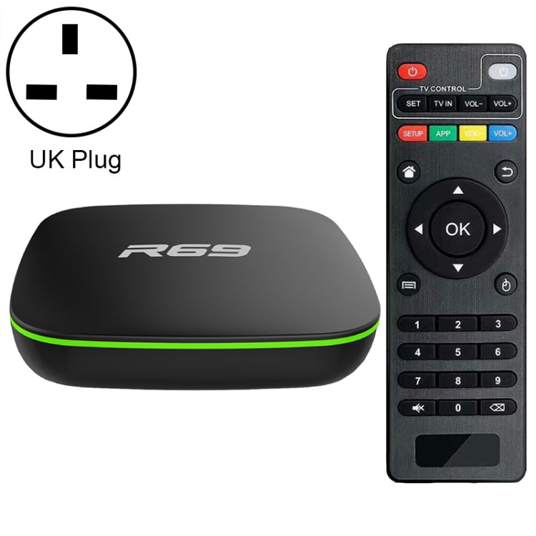صندوق تلفاز ذكي R69 بدقة 1080P بنظام أندرويد 4.4 مشغل وسائط مع جهاز تحكم عن بعد، رباعي النواة Allwinner H3، ذاكرة وصول عشوائي: 1 جيجابايت، ذاكرة تخزين داخلية: 8 جيجابايت، واي فاي 2.4 جيجاهرتز، LAN، قابس أوروبي، 1GB+8GB