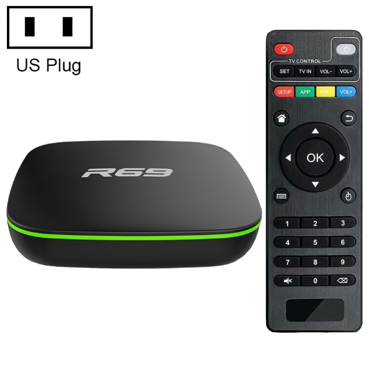 صندوق تلفاز ذكي R69 بدقة 1080P بنظام أندرويد 4.4 مشغل وسائط مع جهاز تحكم عن بعد، رباعي النواة Allwinner H3، ذاكرة وصول عشوائي: 1 جيجابايت، ذاكرة تخزين داخلية: 8 جيجابايت، واي فاي 2.4 جيجاهرتز، LAN، قابس أوروبي، 1GB+8GB