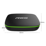 صندوق تلفاز ذكي R69 بدقة 1080P بنظام أندرويد 4.4 مشغل وسائط مع جهاز تحكم عن بعد، رباعي النواة Allwinner H3، ذاكرة وصول عشوائي: 1 جيجابايت، ذاكرة تخزين داخلية: 8 جيجابايت، واي فاي 2.4 جيجاهرتز، LAN، قابس أوروبي، 1GB+8GB