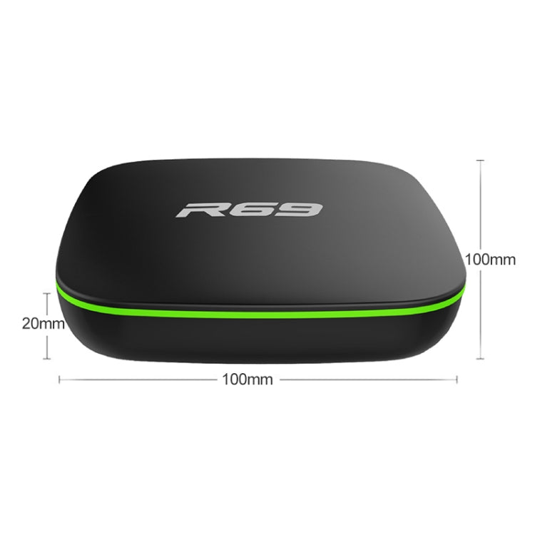 صندوق تلفاز ذكي R69 بدقة 1080P بنظام أندرويد 4.4 مشغل وسائط مع جهاز تحكم عن بعد، رباعي النواة Allwinner H3، ذاكرة وصول عشوائي: 1 جيجابايت، ذاكرة تخزين داخلية: 8 جيجابايت، واي فاي 2.4 جيجاهرتز، LAN، قابس أوروبي، 1GB+8GB