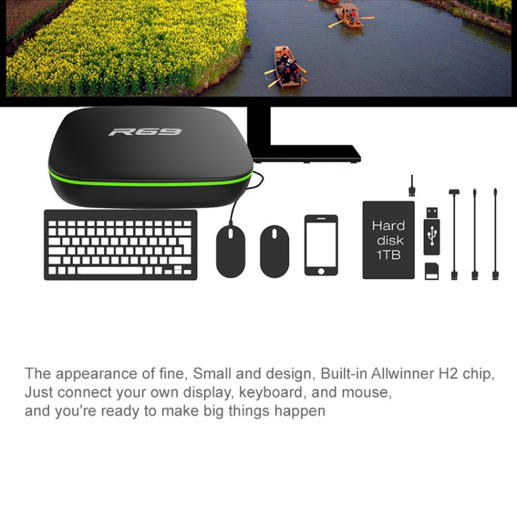 صندوق تلفاز ذكي R69 بدقة 1080P بنظام أندرويد 4.4 مشغل وسائط مع جهاز تحكم عن بعد، رباعي النواة Allwinner H3، ذاكرة وصول عشوائي: 1 جيجابايت، ذاكرة تخزين داخلية: 8 جيجابايت، واي فاي 2.4 جيجاهرتز، LAN، قابس أوروبي، 1GB+8GB