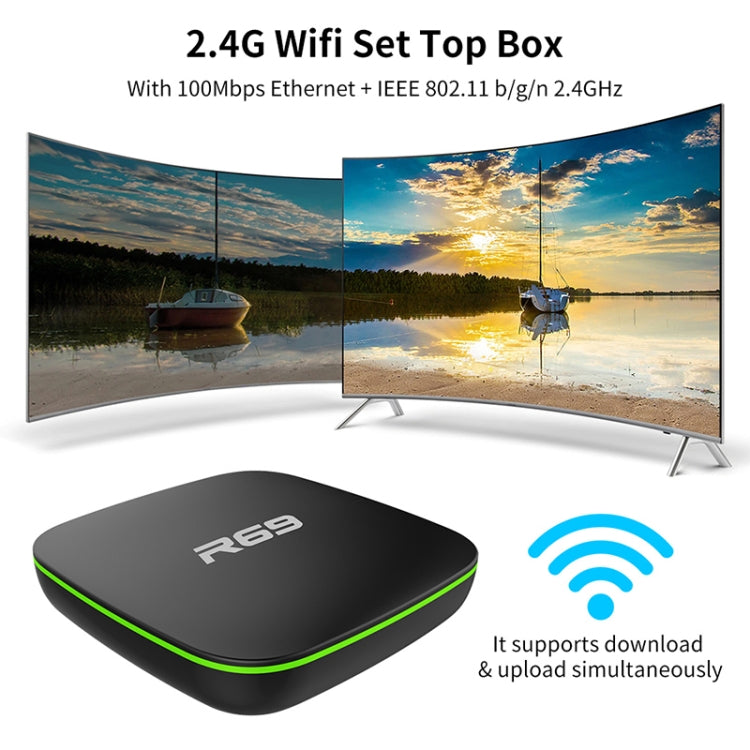 صندوق تلفاز ذكي R69 بدقة 1080P بنظام أندرويد 4.4 مشغل وسائط مع جهاز تحكم عن بعد، رباعي النواة Allwinner H3، ذاكرة وصول عشوائي: 1 جيجابايت، ذاكرة تخزين داخلية: 8 جيجابايت، واي فاي 2.4 جيجاهرتز، LAN، قابس أوروبي، 1GB+8GB