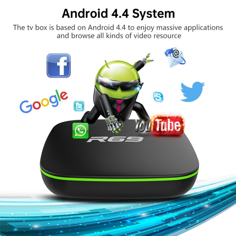 صندوق تلفاز ذكي R69 بدقة 1080P بنظام أندرويد 4.4 مشغل وسائط مع جهاز تحكم عن بعد، رباعي النواة Allwinner H3، ذاكرة وصول عشوائي: 1 جيجابايت، ذاكرة تخزين داخلية: 8 جيجابايت، واي فاي 2.4 جيجاهرتز، LAN، قابس أوروبي، 1GB+8GB