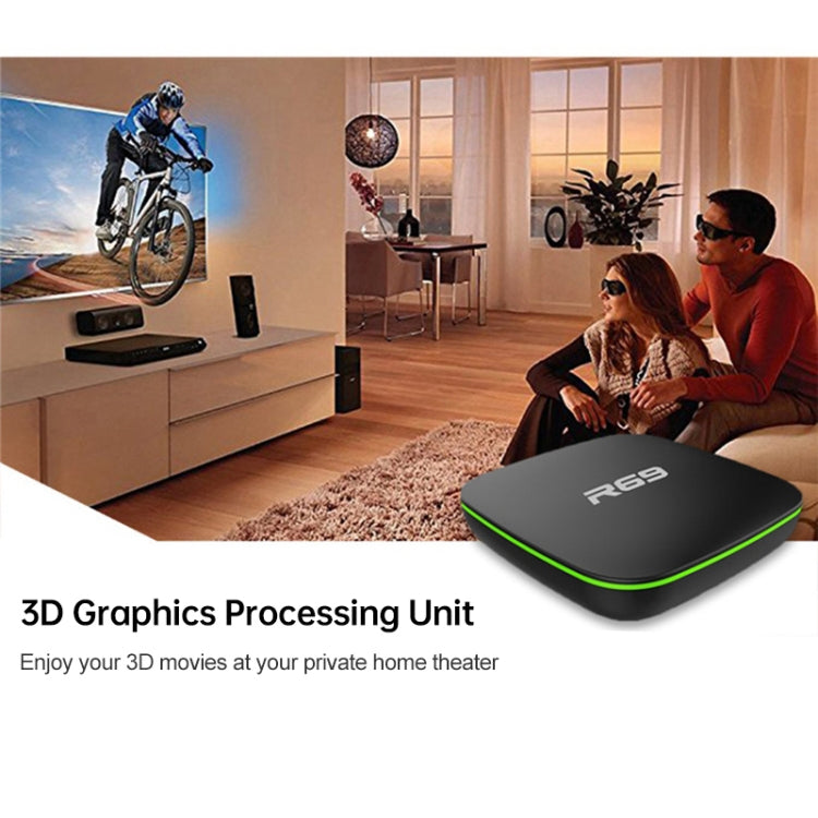صندوق تلفاز ذكي R69 بدقة 1080P بنظام أندرويد 4.4 مشغل وسائط مع جهاز تحكم عن بعد، رباعي النواة Allwinner H3، ذاكرة وصول عشوائي: 1 جيجابايت، ذاكرة تخزين داخلية: 8 جيجابايت، واي فاي 2.4 جيجاهرتز، LAN، قابس أوروبي، 1GB+8GB