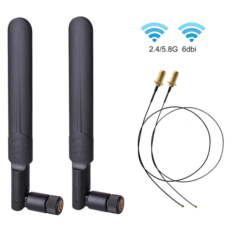2 × 6dBi 2.4GHz 5GHz هوائي واي فاي ثنائي النطاق RP-SMA ذكر + 2 × 35 سم كابل RP-SMA IPEX MHF4 للبطاقة اللاسلكية M.2 NGFF، هوائي 6dBi + كابل RP-SMA