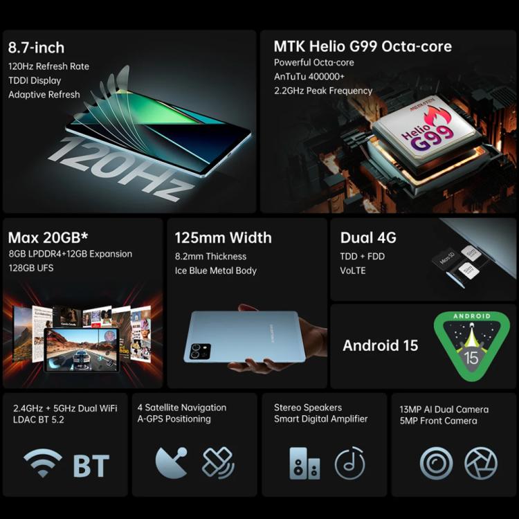 تابلت Teclast T50 Mini 4G LTE، 8 جيجابايت + 128 جيجابايت، 8.7 بوصة أندرويد 15 MediaTek Helio G99 ثماني النواة، يدعم شريحتي اتصال، T50 Mini