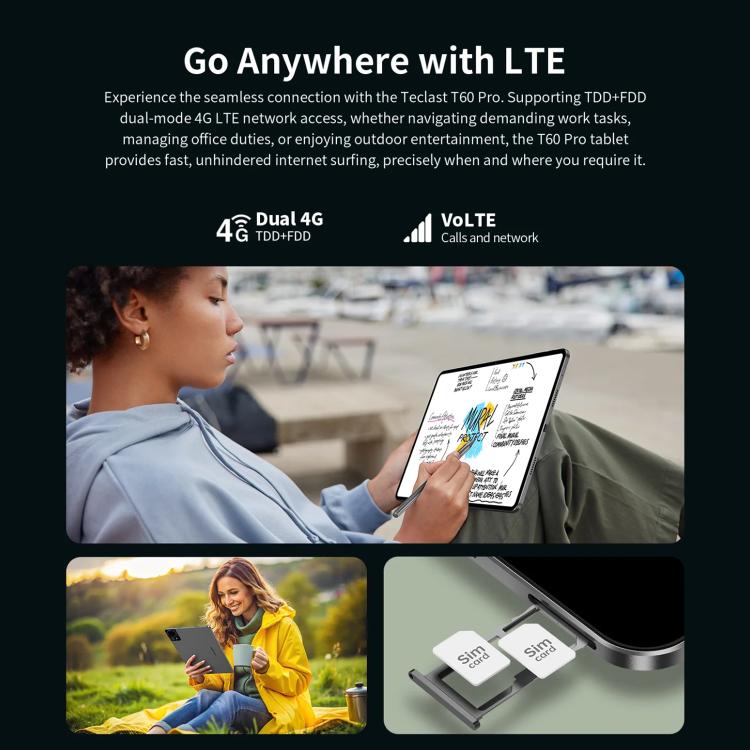 تابلت Teclast T60 Pro 4G LTE، 8 جيجابايت + 128 جيجابايت، 12 بوصة أندرويد 15 MediaTek Helio G99 ثماني النواة، يدعم شريحتي اتصال، T60 Pro