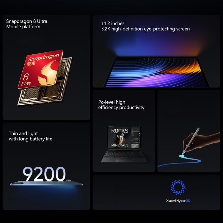 شاومي باد 8 برو 11.2 بوصة، 16 جيجابايت + 512 جيجابايت، HyperOS 3 مع معالج كوالكوم سنابدراجون 8 إيليت ثماني النواة، 16 جيجابايت + 512 جيجابايت