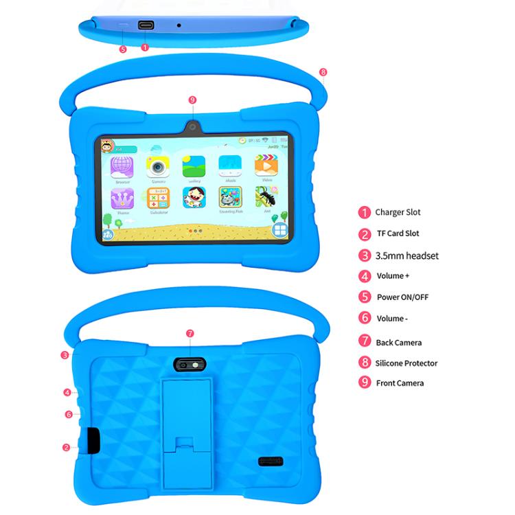 جهاز لوحي للأطفال BDF K3 بشاشة 7 بوصة واي فاي مع غطاء سيليكون، 2GB+32GB، أندرويد 8.1 MTK6735 رباعي النواة، قابس الولايات المتحدة، 4GB+64GB
