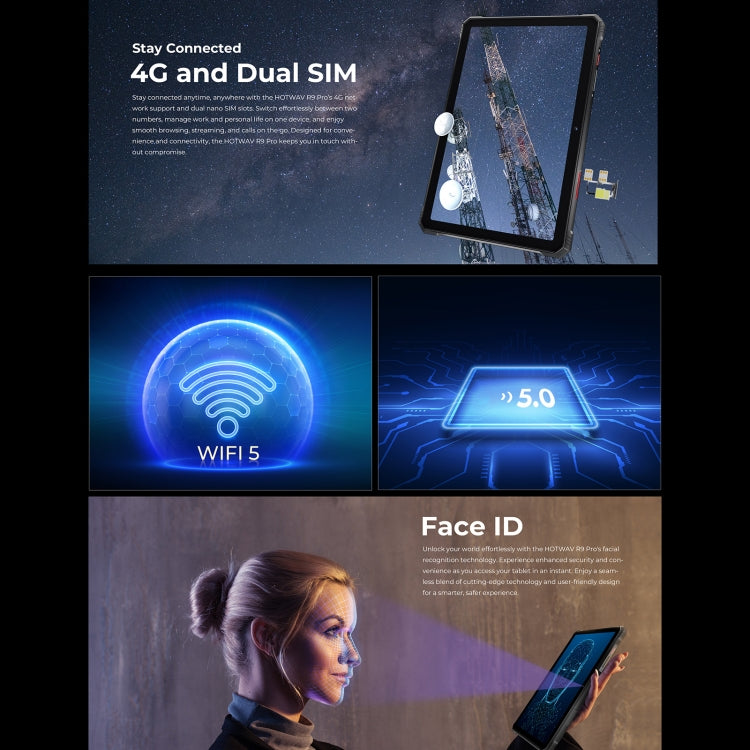 جهاز لوحي متين HOTWAV Tab R9 Pro IP68/IP69K، 6 جيجابايت + 256 جيجابايت، شاشة 11 بوصة، أندرويد 14، معالج Unisoc T606 ثماني النواة، شبكة 4G، النسخة العالمية مع جوجل بلاي، قابس الاتحاد الأوروبي، Tab R9 Pro