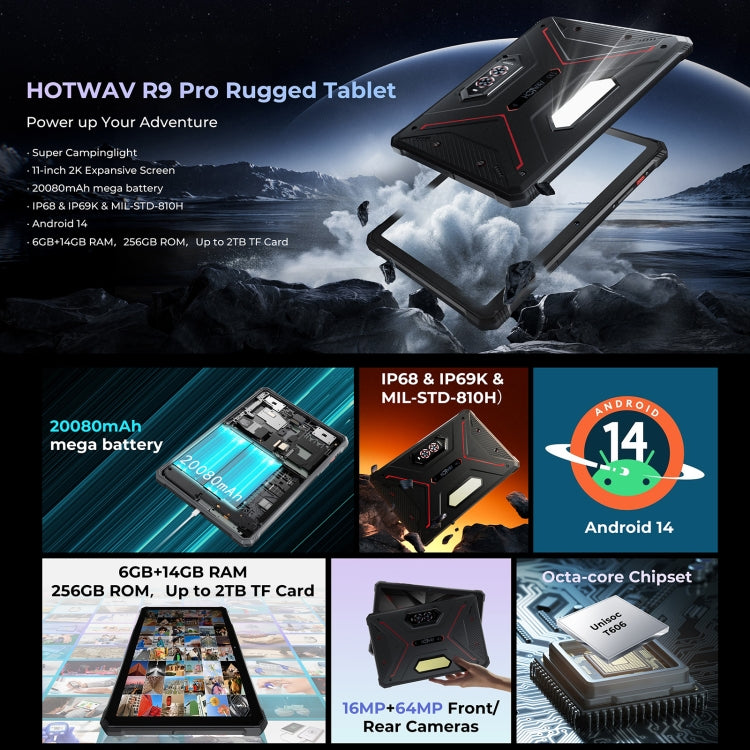 جهاز لوحي متين HOTWAV Tab R9 Pro IP68/IP69K، 6 جيجابايت + 256 جيجابايت، شاشة 11 بوصة، أندرويد 14، معالج Unisoc T606 ثماني النواة، شبكة 4G، النسخة العالمية مع جوجل بلاي، قابس الاتحاد الأوروبي، Tab R9 Pro