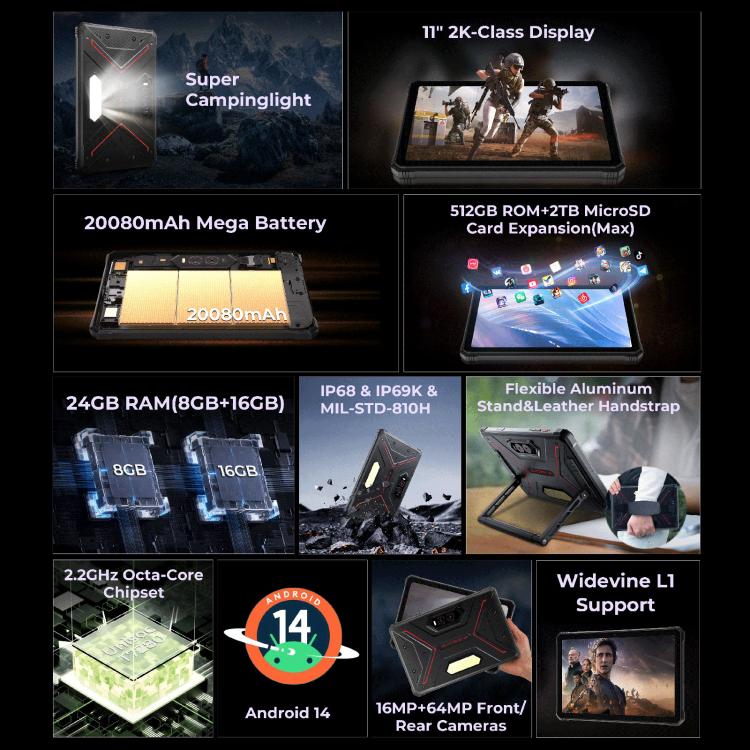 جهاز لوحي متين HOTWAV Tab R9 Plus بمعيار IP68/IP69K، 8 جيجابايت + 512 جيجابايت، شاشة 11 بوصة، أندرويد 14، Unisoc T7280 ثماني النواة، شبكة 4G، النسخة العالمية مع Google Play، قابس الاتحاد الأوروبي، Tab R9 Plus