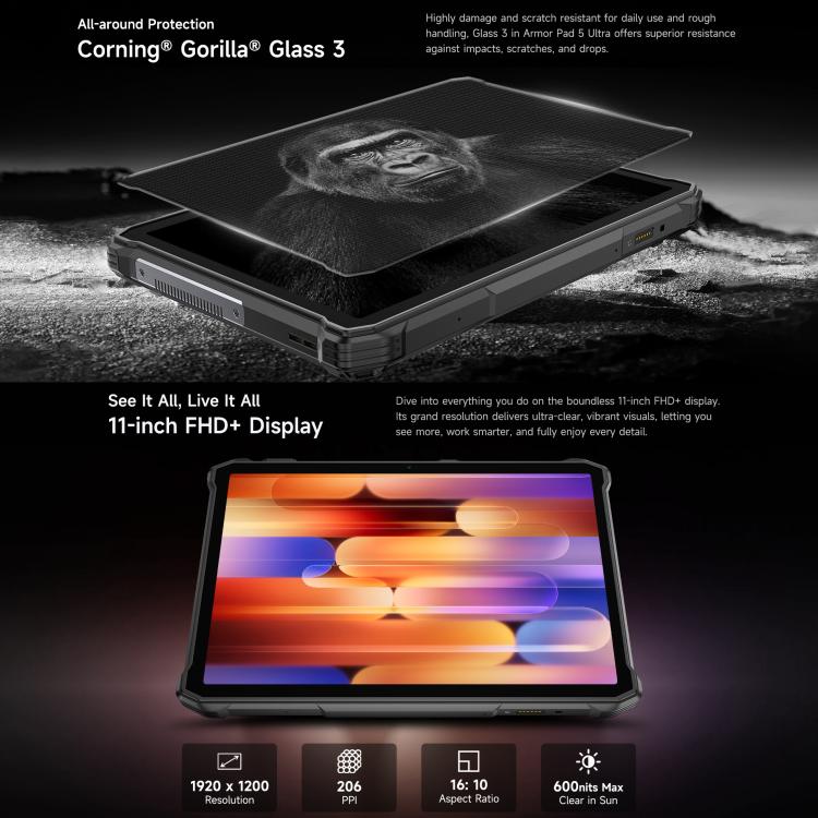 جهاز لوحي متين Ulefone Armor Pad 5 Ultra، 12 جيجابايت + 512 جيجابايت، شاشة 11 بوصة، أندرويد 15، MediaTek Dimensity 7400X ثماني النواة، شبكة 5G، قابس الاتحاد الأوروبي، Armor Pad 5 Ultra