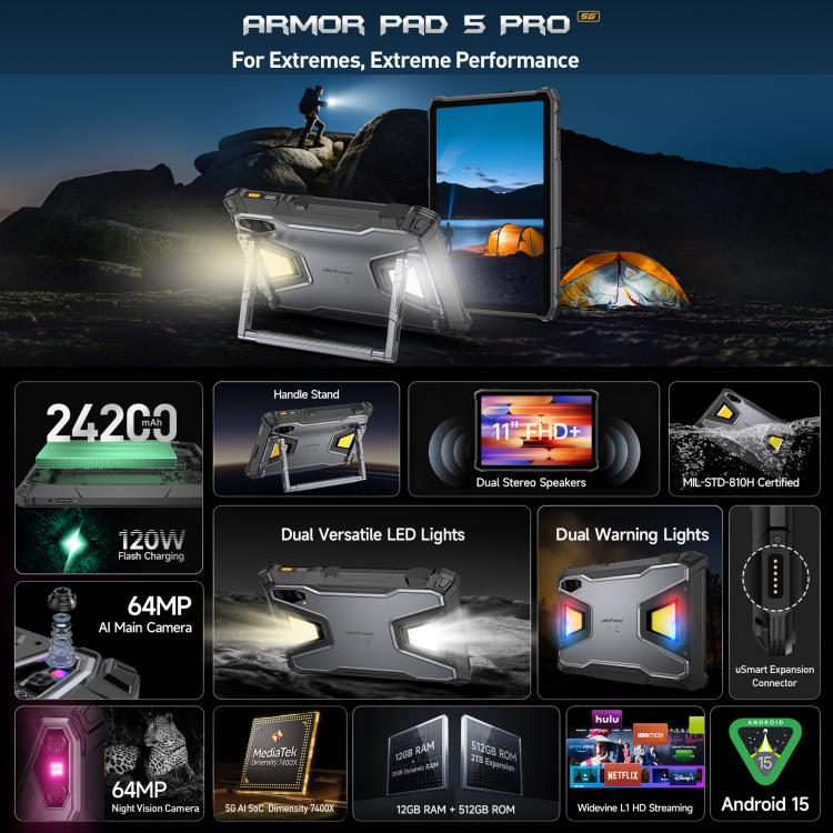 جهاز لوحي متين Ulefone Armor Pad 5 Pro، 12 جيجابايت + 512 جيجابايت، شاشة 11 بوصة، أندرويد 15، MediaTek Dimensity 7400X ثماني النواة، شبكة 5G، قابس الاتحاد الأوروبي، Armor Pad 5 Pro