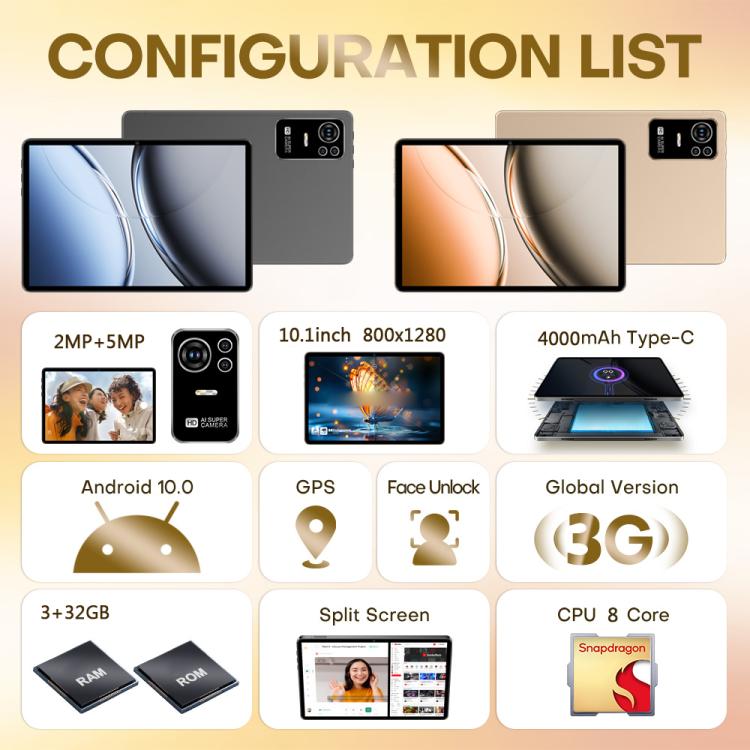 تابلت باد 8 ألترا 10.1 بوصة مع مكالمات هاتف 3G، 3GB+32GB، أندرويد 10 معالج MTK6755 ثماني النواة، قابس أستراليا