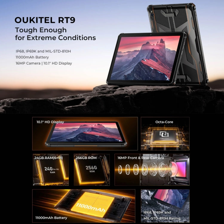 جهاز لوحي متين OUKITEL RT9 4G، مقاوم للماء والغبار IP68/IP69K، 6 جيجابايت + 256 جيجابايت، شاشة 11 بوصة، أندرويد 14، معالج Unisoc T606 ثماني النواة، يدعم شريحتي اتصال، قابس الاتحاد الأوروبي، RT9 6GB+256GB