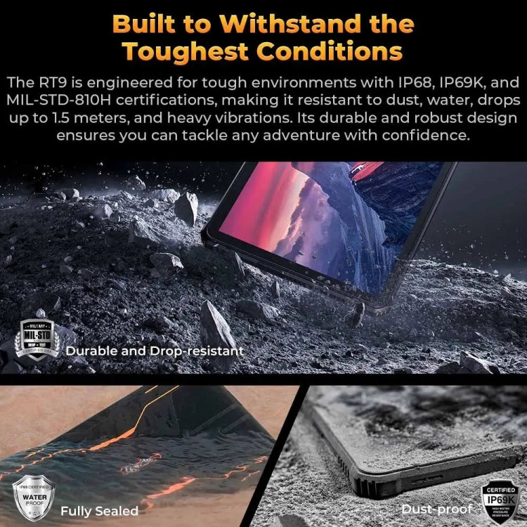 جهاز لوحي متين OUKITEL RT9 4G، مقاوم للماء والغبار IP68/IP69K، 6 جيجابايت + 256 جيجابايت، شاشة 11 بوصة، أندرويد 14، معالج Unisoc T606 ثماني النواة، يدعم شريحتي اتصال، قابس الاتحاد الأوروبي، RT9 6GB+256GB