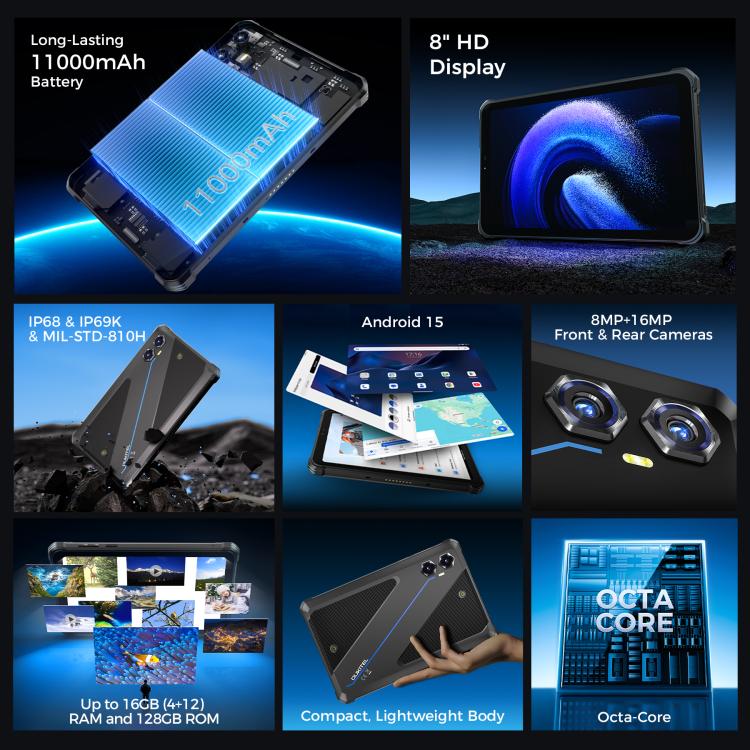جهاز لوحي متين OUKITEL RT3 Plus بشبكة 4G، مقاوم للماء والغبار بمعايير IP68/IP69K، 4 جيجابايت + 128 جيجابايت، شاشة 8.0 بوصة، أندرويد 15، معالج MediaTek G81 ثماني النواة، يدعم شريحتي اتصال، قابس الاتحاد الأوروبي، RT3 Plus 4GB+128GB