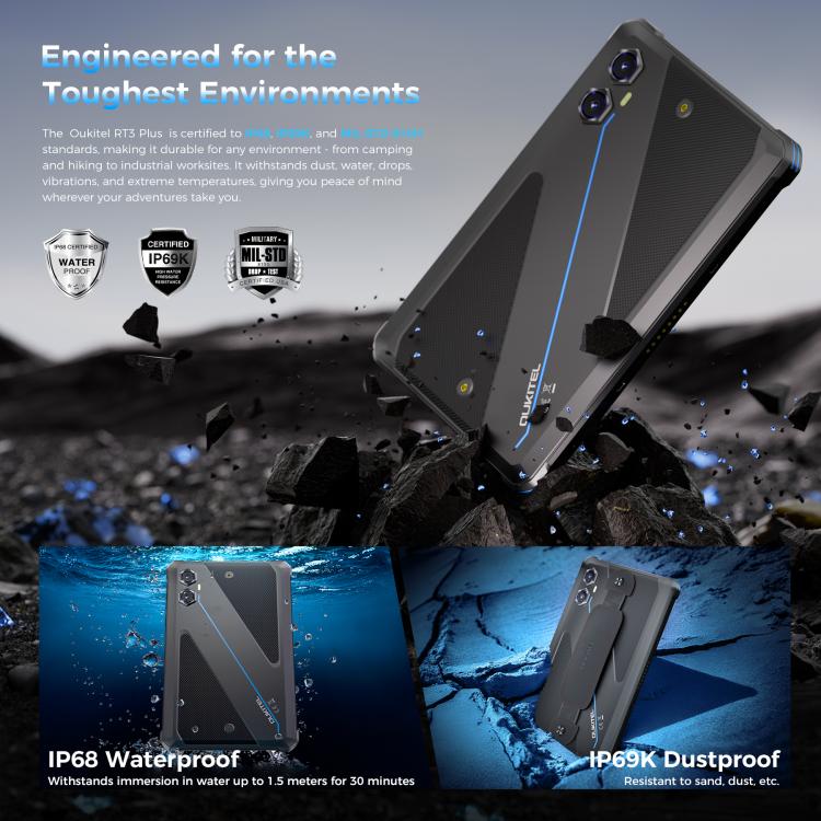 جهاز لوحي متين OUKITEL RT3 Plus بشبكة 4G، مقاوم للماء والغبار بمعايير IP68/IP69K، 4 جيجابايت + 128 جيجابايت، شاشة 8.0 بوصة، أندرويد 15، معالج MediaTek G81 ثماني النواة، يدعم شريحتي اتصال، قابس الاتحاد الأوروبي، RT3 Plus 4GB+128GB