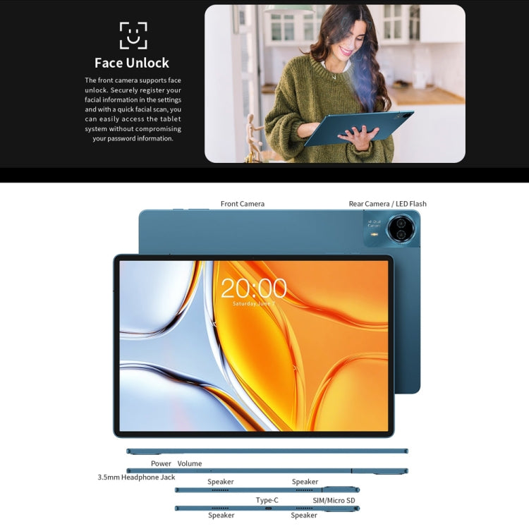 جهاز Teclast T70 اللوحي 4G LTE، 8GB+256GB، شاشة 14 بوصة أندرويد 14 مع معالج MediaTek Helio G99 ثماني النواة، يدعم شريحتي اتصال، T70