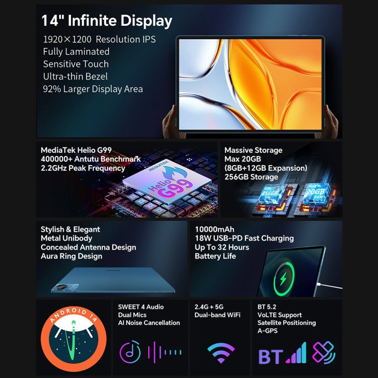جهاز Teclast T70 اللوحي 4G LTE، 8GB+256GB، شاشة 14 بوصة أندرويد 14 مع معالج MediaTek Helio G99 ثماني النواة، يدعم شريحتي اتصال، T70