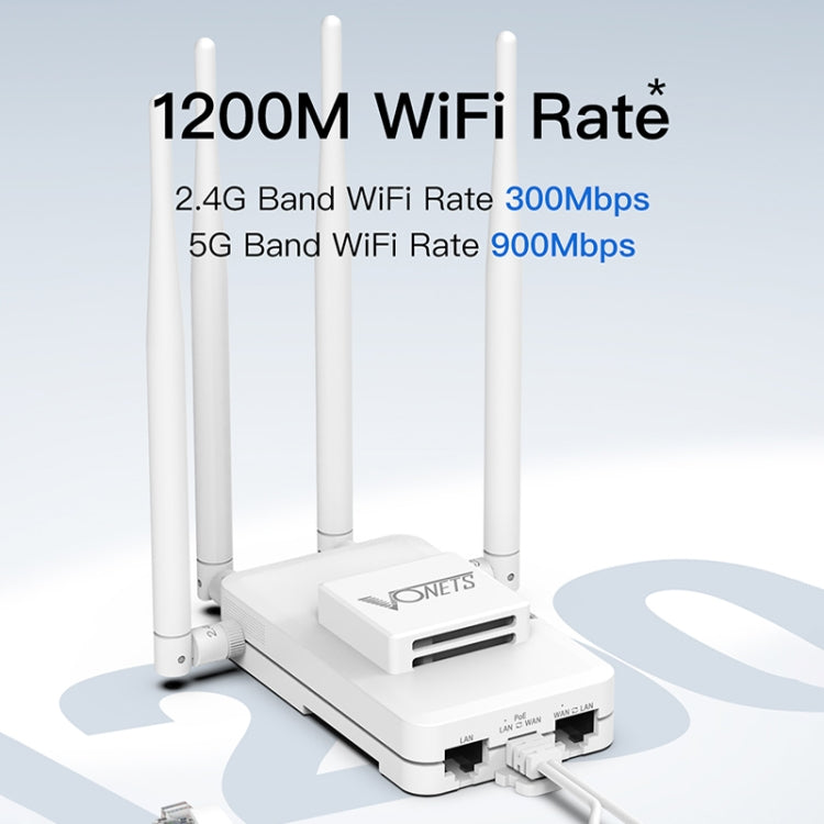 جسر لاسلكي VONETS VAR1200-H بسرعة 1200Mbps مع هوائيات خارجية مكرّر واي فاي ثنائي النطاق، مع 4 هوائيات + مجموعة محول تيار مستمر، VAR1200-H مع 4 هوائيات + مجموعة محول تيار مستمر
