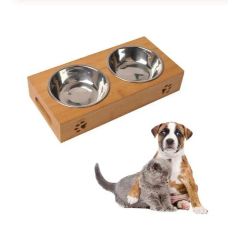 Cat Dog Pet Stainless Steel Feeding and Drinking Bowls Combination With Bamboo Frame - Trustpick
