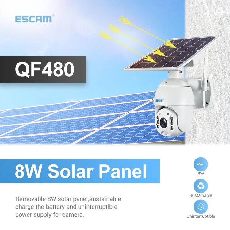 ESCAM QF480 EU Version HD 1080P IP66 Waterproof 4G Solar Panel PT IP Camera with Battery, Support Night Vision / Motion Detection / TF Card / Two Way Audio - Trustpick