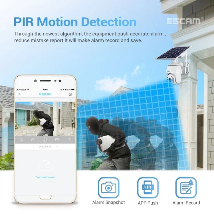 ESCAM QF480 EU Version HD 1080P IP66 Waterproof 4G Solar Panel PT IP Camera with Battery, Support Night Vision / Motion Detection / TF Card / Two Way Audio - Trustpick