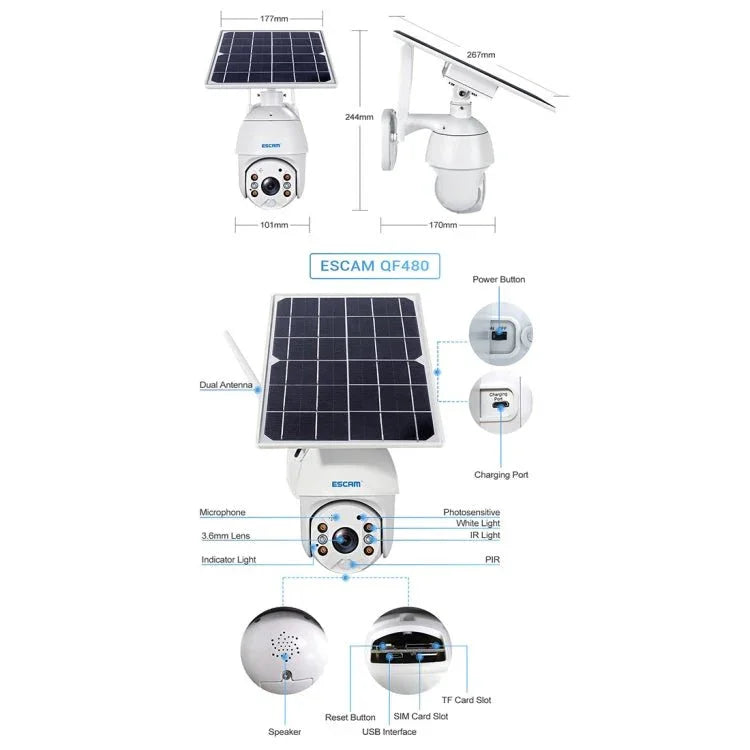 ESCAM QF480 EU Version HD 1080P IP66 Waterproof 4G Solar Panel PT IP Camera with Battery, Support Night Vision / Motion Detection / TF Card / Two Way Audio - Trustpick