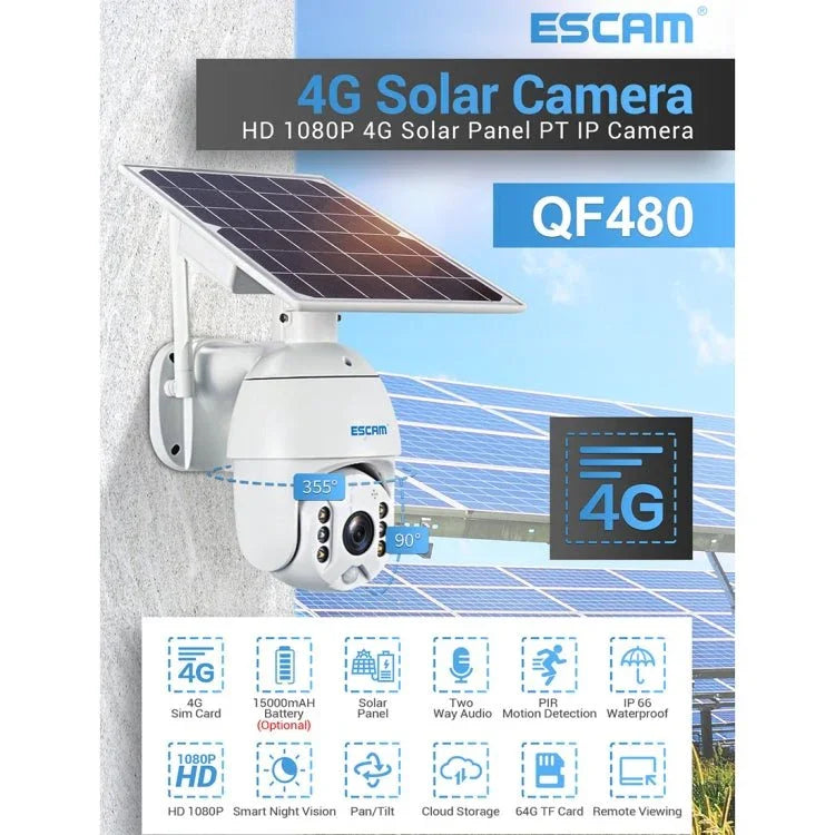 ESCAM QF480 EU Version HD 1080P IP66 Waterproof 4G Solar Panel PT IP Camera with Battery, Support Night Vision / Motion Detection / TF Card / Two Way Audio - Trustpick