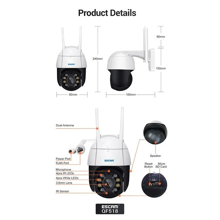 ESCAM QF518 5MP Smart WiFi IP Camera, Support AI Humanoid Detection / Auto Tracking / Dual Light Night Vision / Cloud Storage / Two Way Audio / TF Card - Trustpick