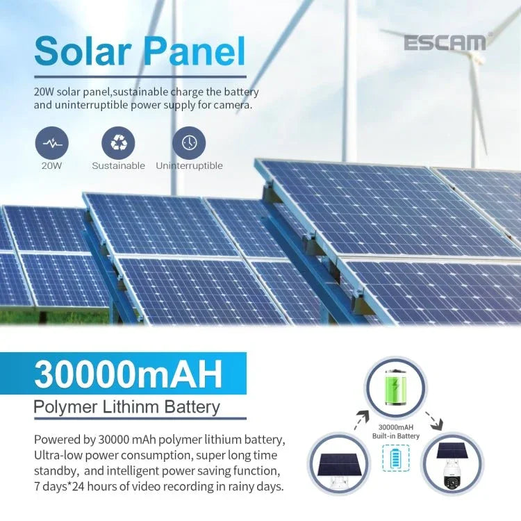 ESCAM QF724 3MP 24h Recording Cloud Storage PT 4G PIR Alarm IP Camera with Solar Panel - Trustpick