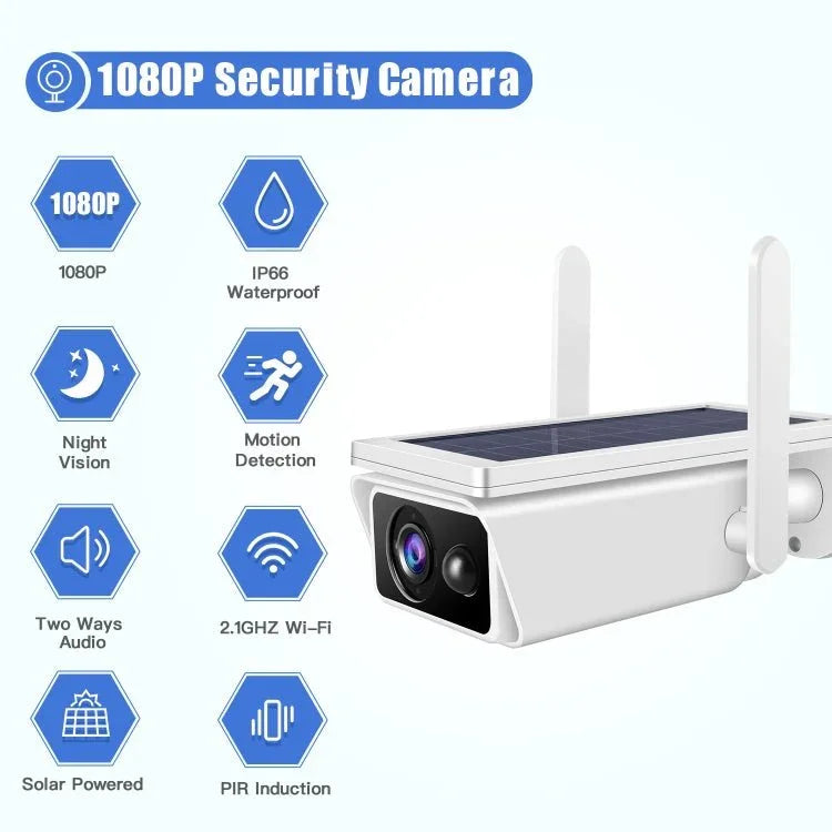T13 - 2 1080P HD Solar Powered 2.4GHz WiFi Security Camera without Battery, Support Motion Detection, Night Vision, Two Way Audio, TF Card - Trustpick